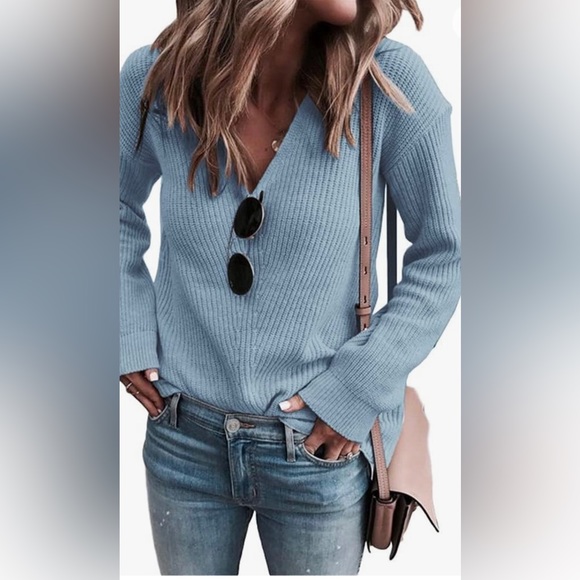 Koinshha Womens V Neck Knitted Pullover Sexy Sweater Cozy Loose Light Blue XXL - Picture 2 of 6